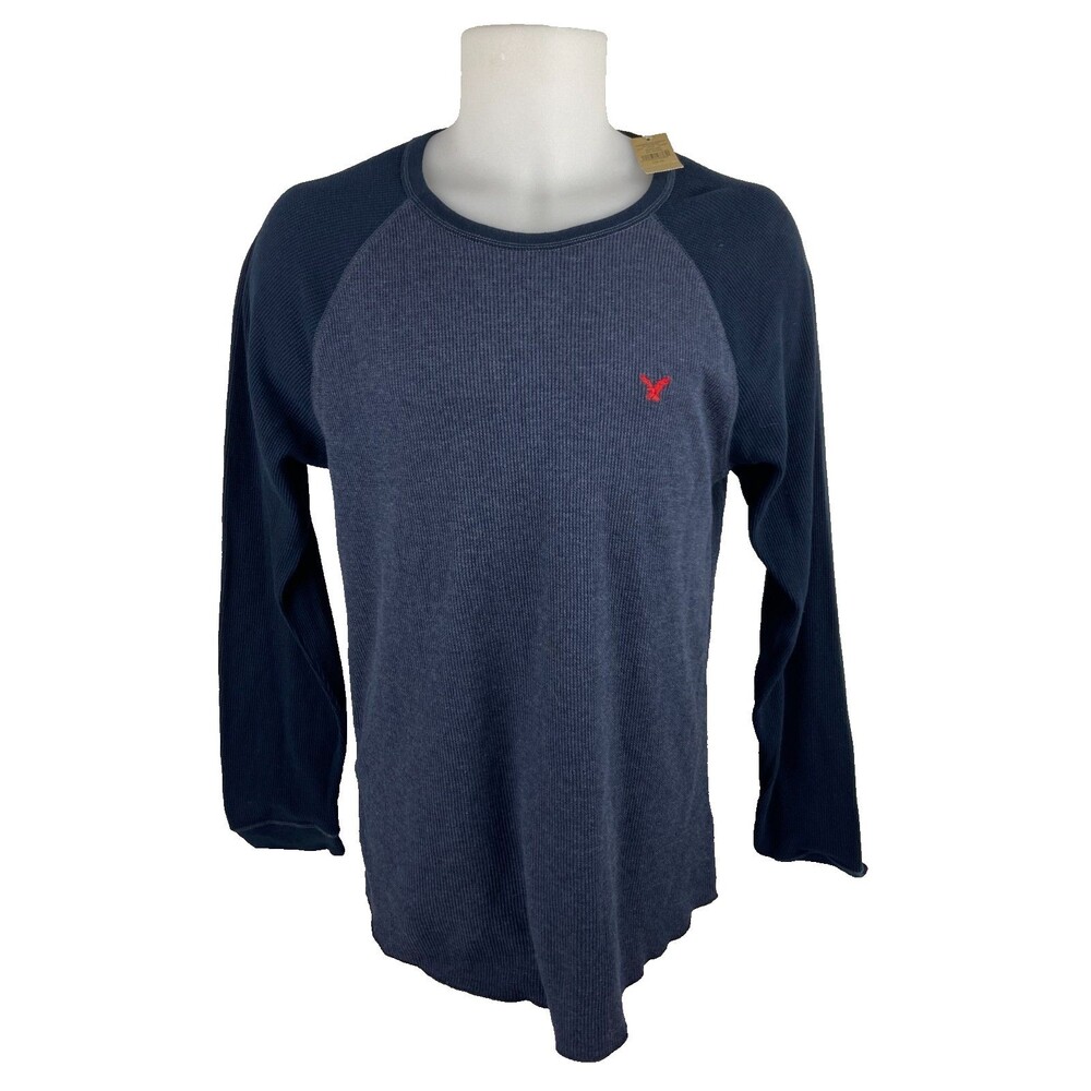 American Eagle Men XL Long Sleeve Thermal Shirt Two Tone Blue Waffle Knit NWT